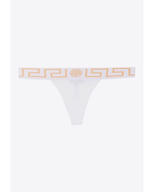 Versace White V-Shaped Greca Border Thong