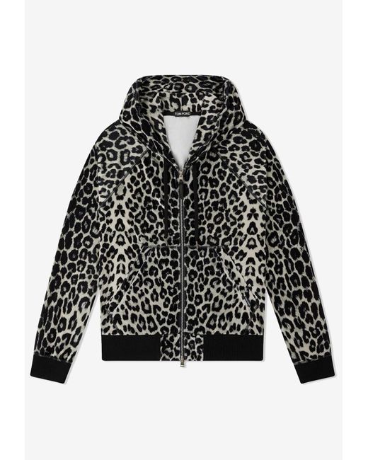 Tom Ford Leopard Print Zip-up Hoodie in Black for Men | Lyst