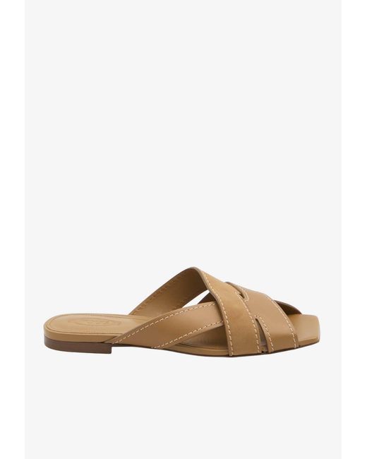 Tod's Brown Stitched Leather Slides