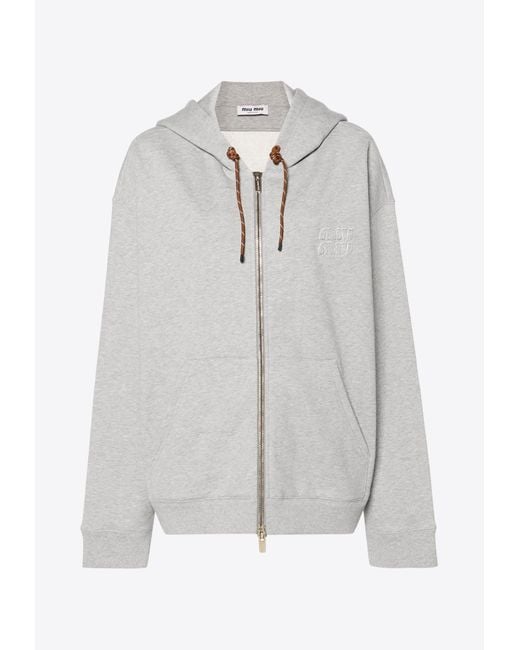 Miu Miu Zip-Up Hooded Sweatshirt in Gray | Lyst