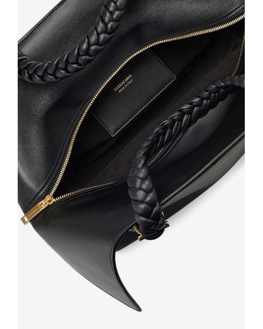 Ferragamo Black Medium Folded Leather Top Handle Bag