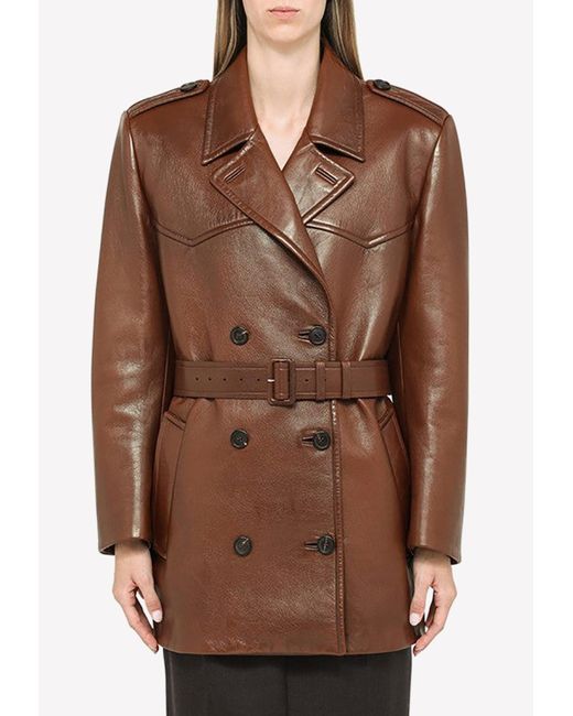 Prada Brown Short Double-breasted Leather Coat