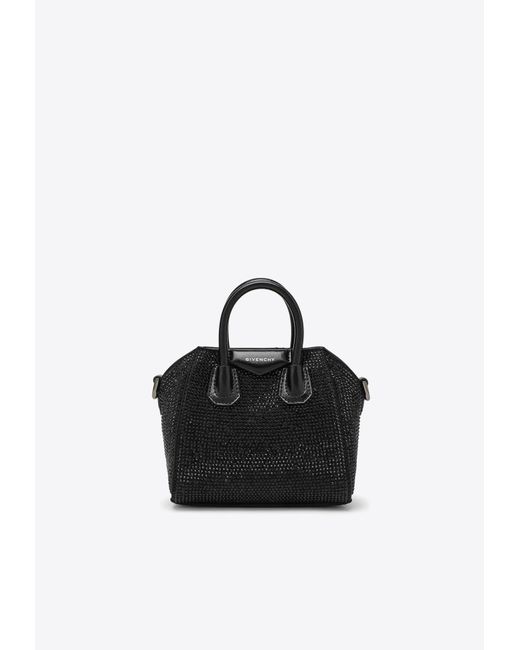 Givenchy Black Micro Antigona Crystal-Embellished Top Handle Bag