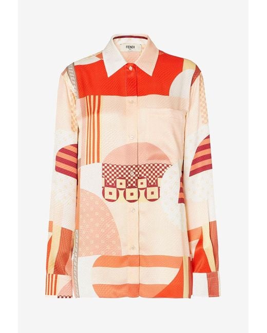 Fendi Orange Patchwork Printed Long-Sleeved Shirt