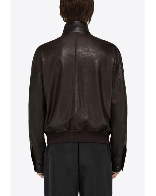 Ferragamo Black High-Neck Grained Leather Jacket for men