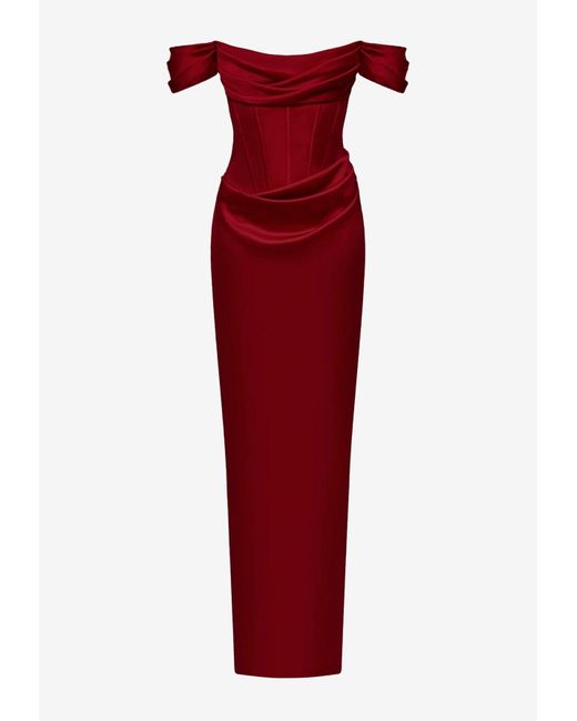 Rasario Red Off-shoulder Draped Corset Satin Gown