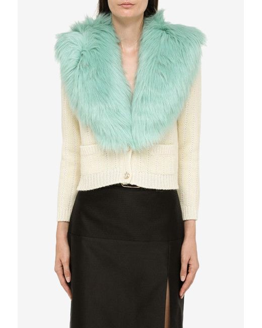 Gucci Green Wool And Cashmere Cardigan With Faux Fur Collar