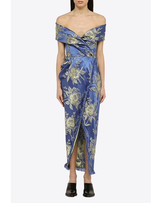 Etro Blue Off-Shoulder Floral Jacquard Maxi Dress