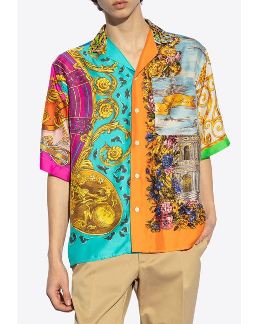 Moschino Multicolor Scarf Print Bowling Silk Shirt for men