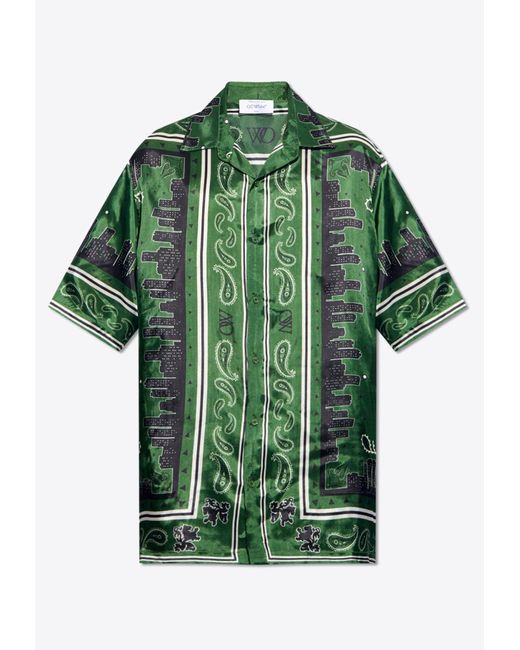 Off-White c/o Virgil Abloh Green Skyline Paisley Pattern Bowling Shirt for men