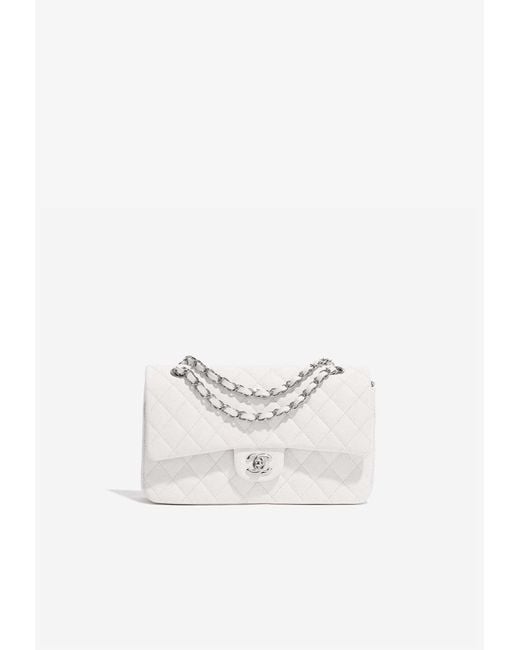 Chanel White Classic Flap Bag Caviar Leather With Gold Buckle