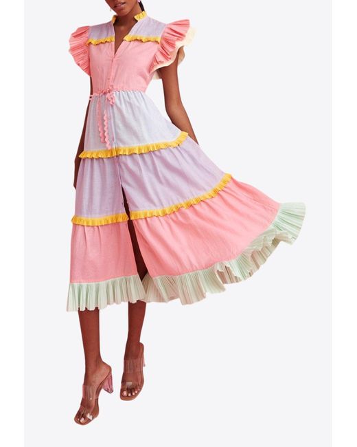 Celiab Pink Aurora Ruffle Midi Dress