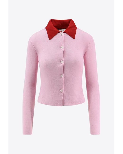Self-Portrait Pink Wool Cardigan With Contrasting-Collar