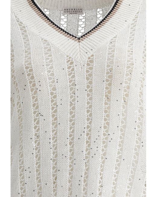 Brunello Cucinelli White Sequin Embellished V-Neck Sweater