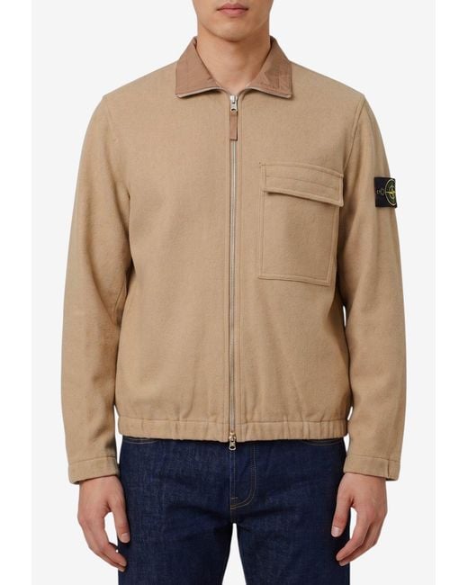 Stone Island Blue Logo-Patch Wool Overshirt for men