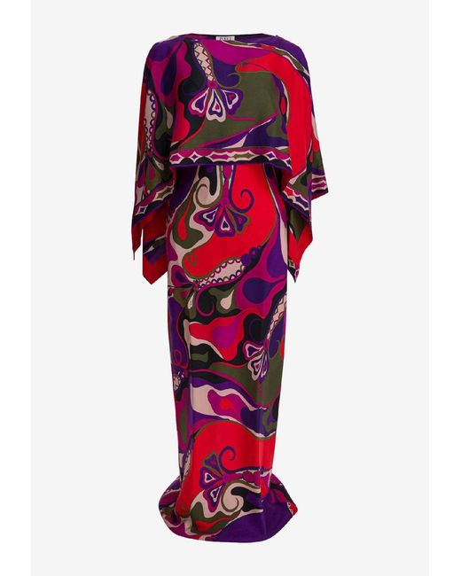 PUCCI Women's Red Orchidee Print Silk Maxi Dress With Shawl