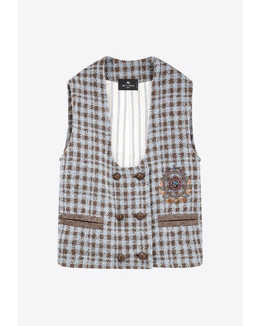 Etro Gray Embroidered Houndstooth Wool-Blend Vest