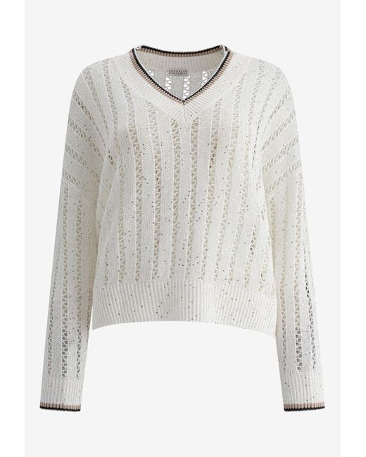 Brunello Cucinelli White Sequin Embellished V-Neck Sweater