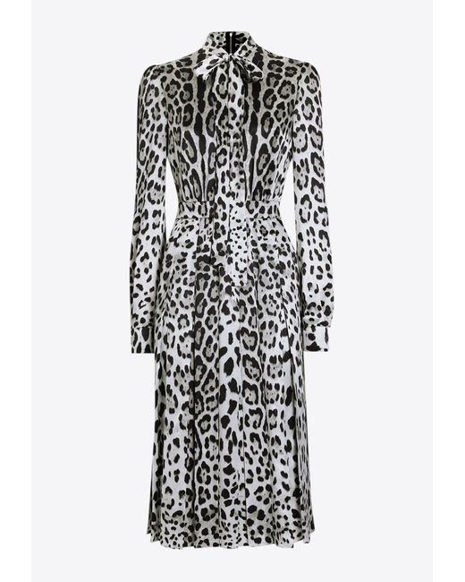 Dolce & Gabbana White Leopard Print Satin Midi Dress