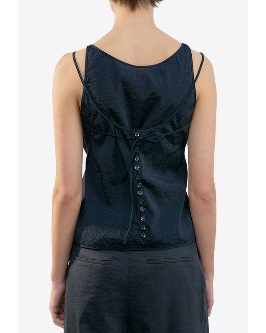 Low Classic Blue See-Through Button Loop Sleeveless Top