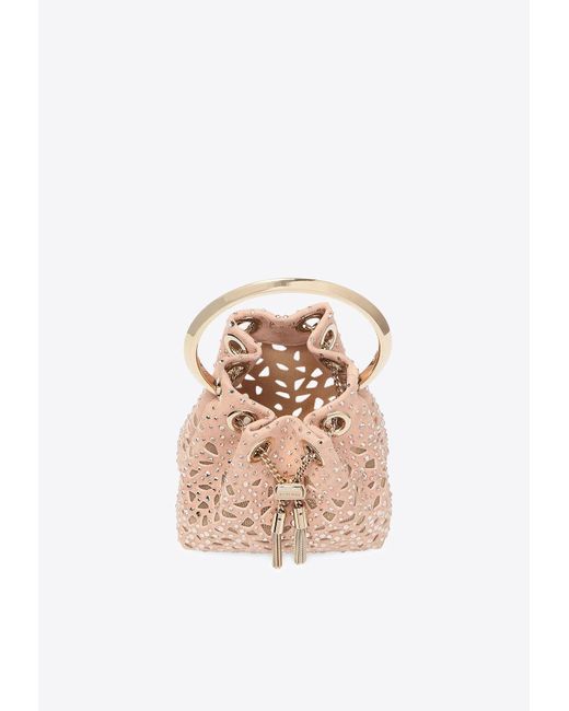 Jimmy Choo White Micro Bon Bon Crystal Suede Bucket Bag