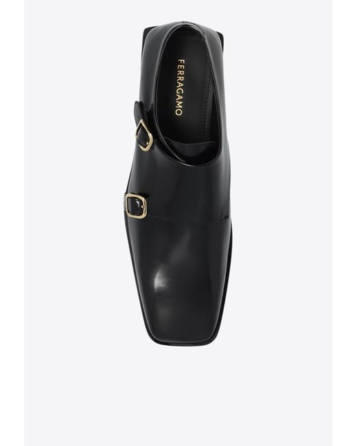 Ferragamo Black Caracas Leather Double Monk-Strap Shoes for men