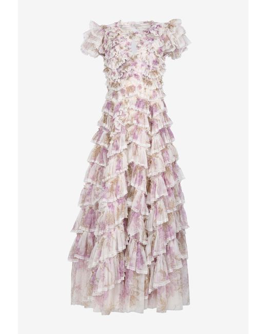 Needle & Thread Multicolor Wisteria Floral Lace Ruffled Gown