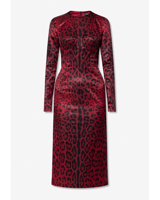 Dolce & Gabbana Brown Leopard Print Long-Sleeved Midi Dress