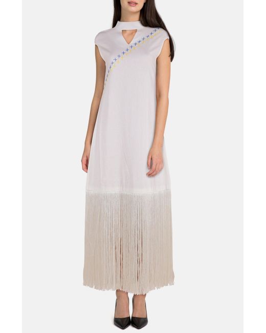 Rue15 White Gypsy Fringe Dress With Crisscross Embroidery