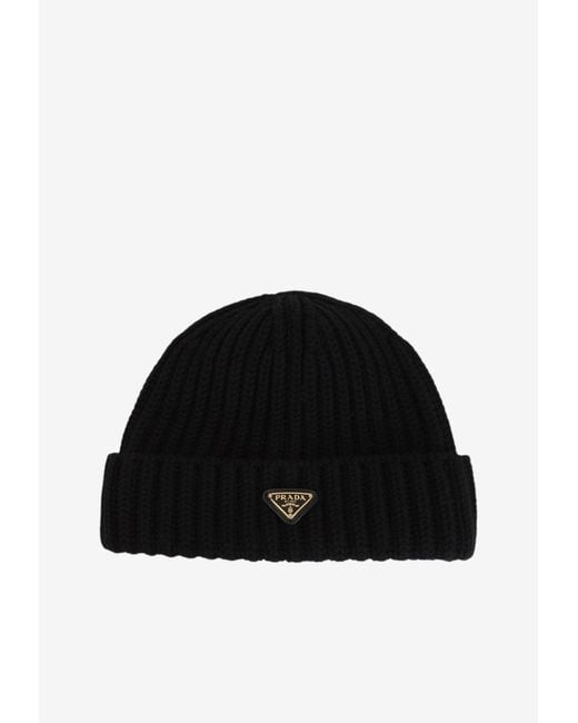 Prada Black Triangle Logo Wool Beanie for men