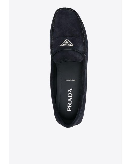 Prada Blue Enamel-Triangle-Logo Suede Loafers for men