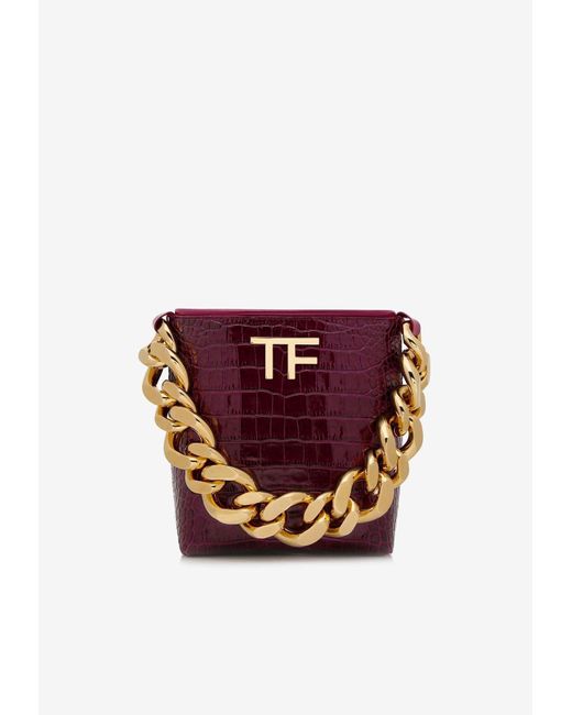 Tom Ford Red Mini Tf Maxi Chain Bag In Croc Embossed Leather