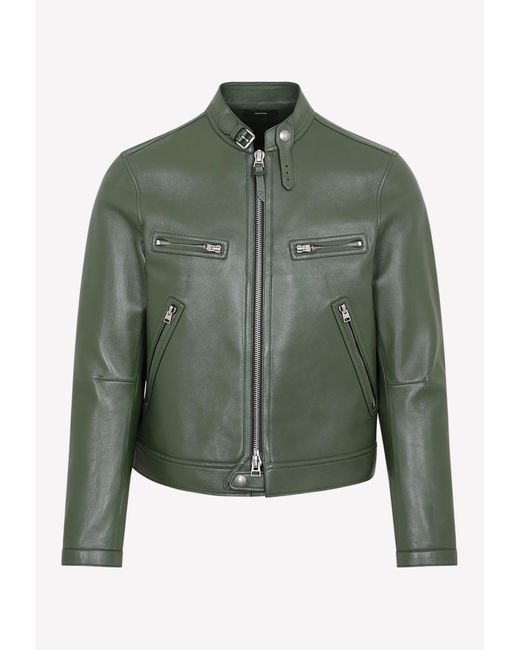 Tom Ford Green Biker Leather Jacket for men