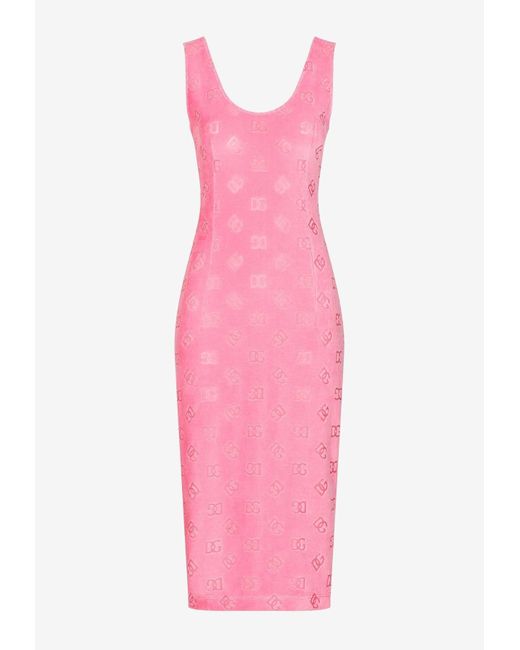 Dolce & Gabbana Pink All-Over Logo Sleeveless Jersey Midi Dress