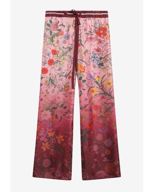 Gucci Red Floral Print Ombre Silk Pants