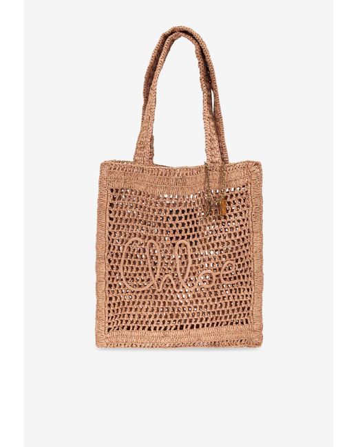 Chloé Brown Summer Banana Crochet Raffia Tote Bag