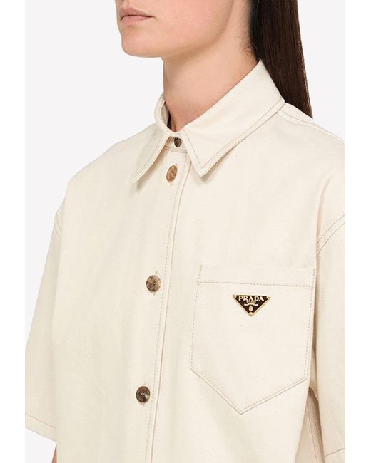 Prada Short-sleeved Shirt With Triangle Logo in Natural | Lyst