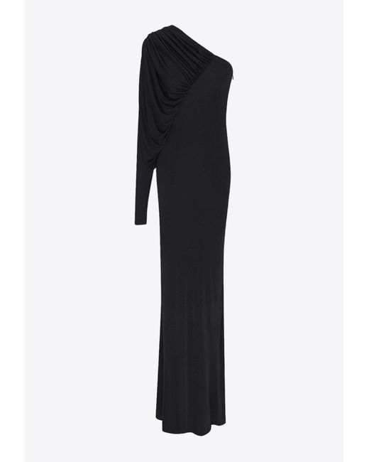 Saint Laurent Black One-Shoulder Ruched Gown