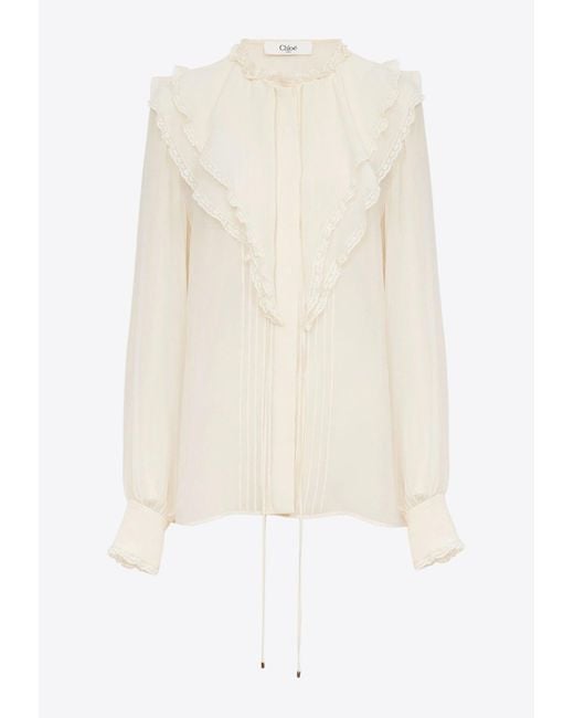 Chloé White Ruffled Yoke Silk Georgette Blouse