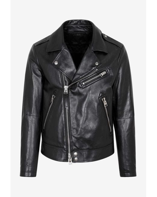 Tom Ford Black Smooth Grain Asymmetric Leather Biker Jacket for men