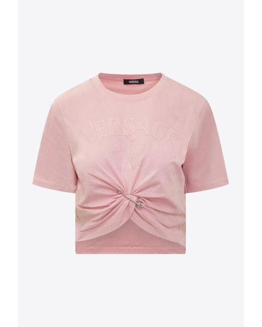Versace Pink Logo Embroidered Cropped T-Shirt