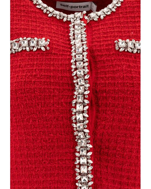Self-Portrait Red Waffle Knit Crystal Embellished Cardigan