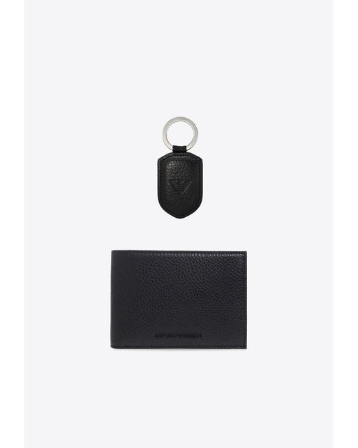 Emporio Armani White Bi-Fold Leather Wallet And Keyring Set for men