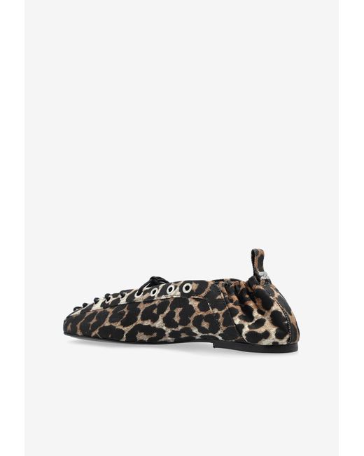 Ganni White Leopard Print Lace-Up Ballet Flats