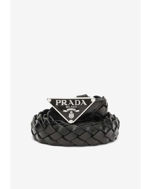 Prada Black Triangle Logo Buckle Braided Leather Belt for men