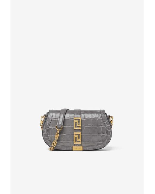 Versace Gray Greca Goddess Croc-Effect Shoulder Bag