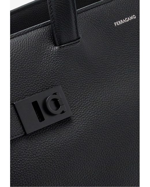 Ferragamo Black Gancini Buckle Hammered Leather Tote Bag for men