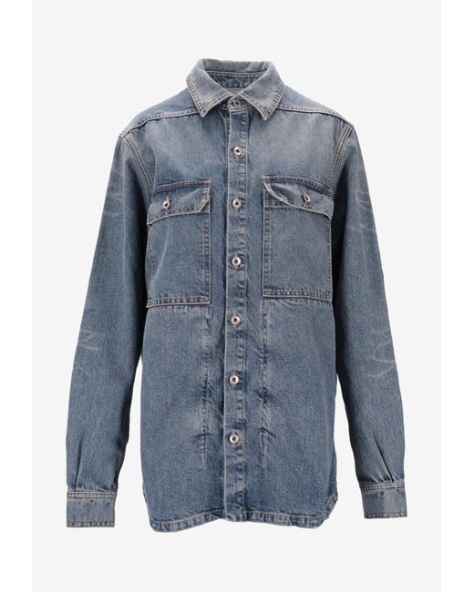 Rick Owens Blue Long-Sleeved Denim Shirt With Strap
