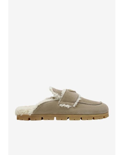 Prada Natural Suede And Shearling Flat Mules