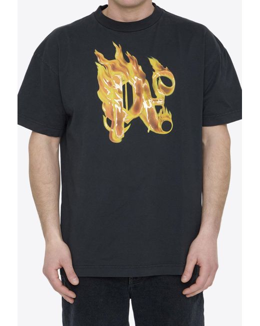 Palm Angels Black Burning Monogram Crewneck T-Shirt for men